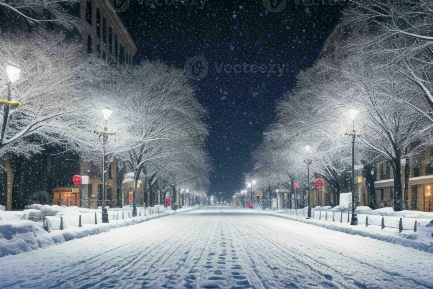 Night snowy Christmas city street. background. AI Generative Pro Photo