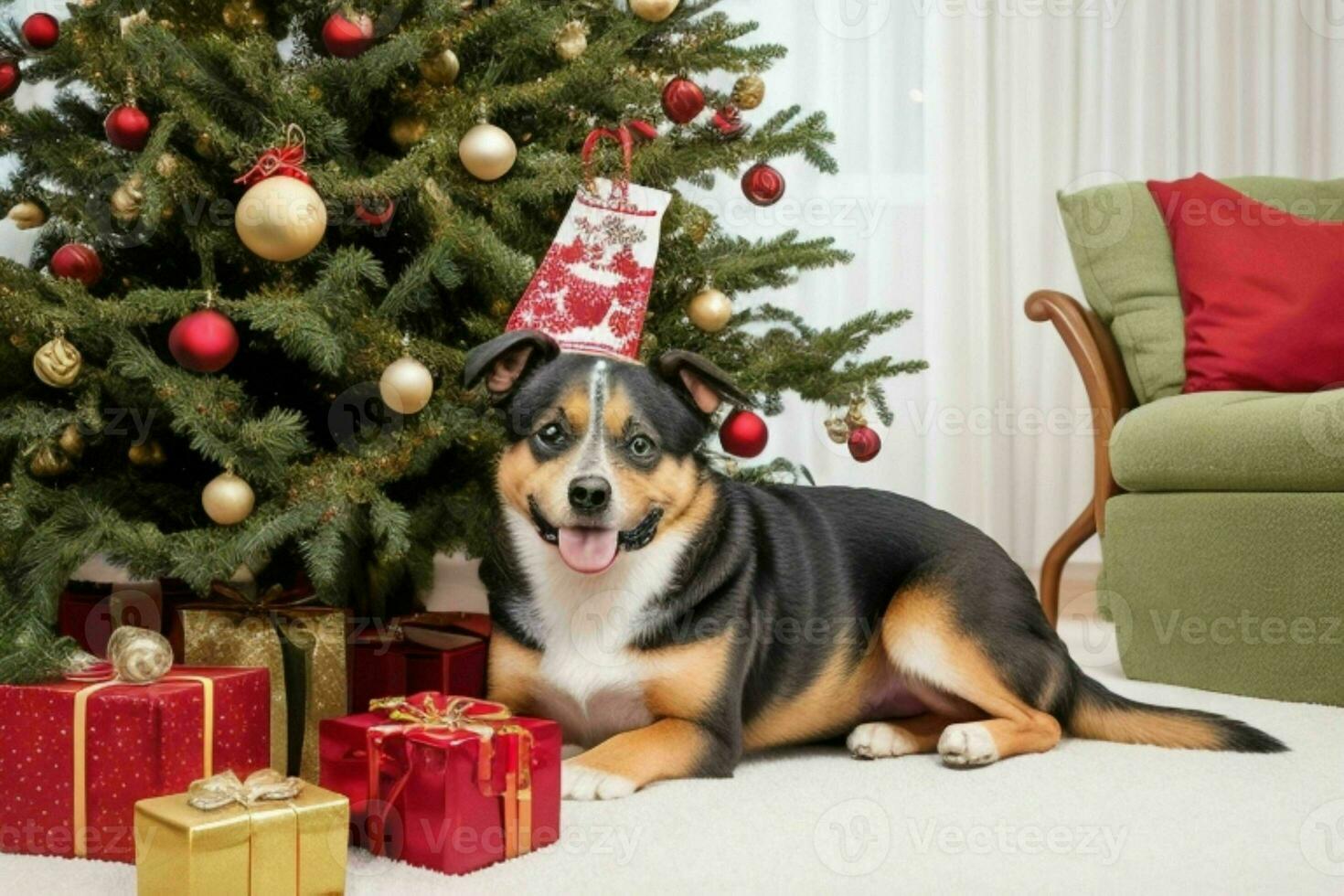 Dog near Christmas tree and gift to celebrate christmas. AI Generative Pro Photo