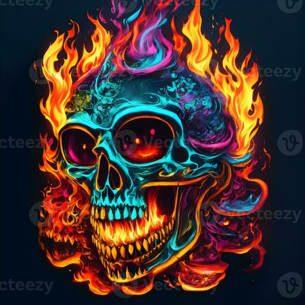 Skull with fire flames and neon light on black background. Halloween photo