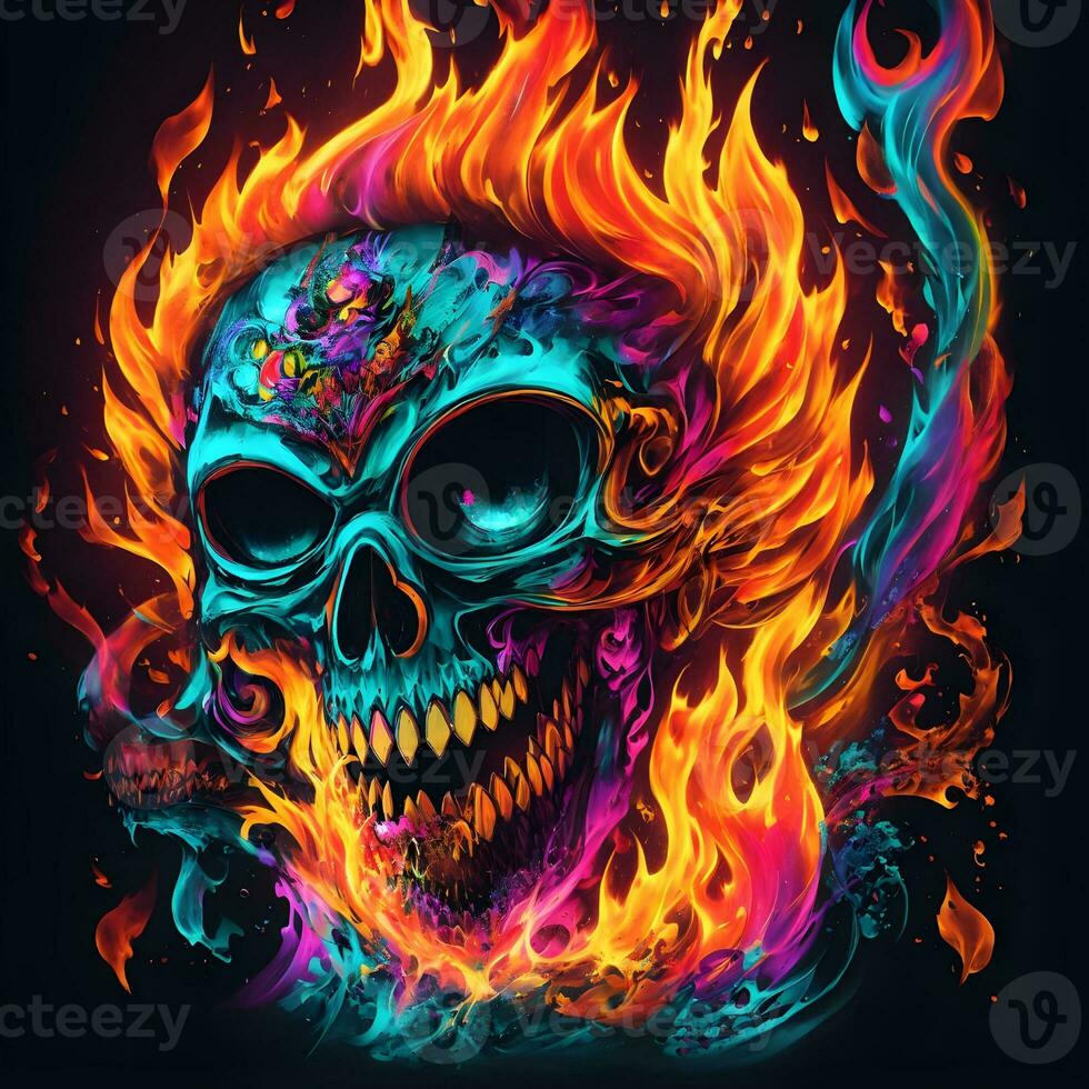 Skull with fire flames and neon light on black background. Halloween photo