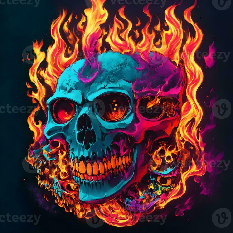 Skull with fire flames and neon light on black background. Halloween photo