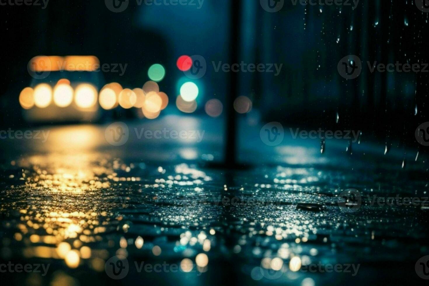 raindrops and streetlights at night. background. AI Generative Pro Photo