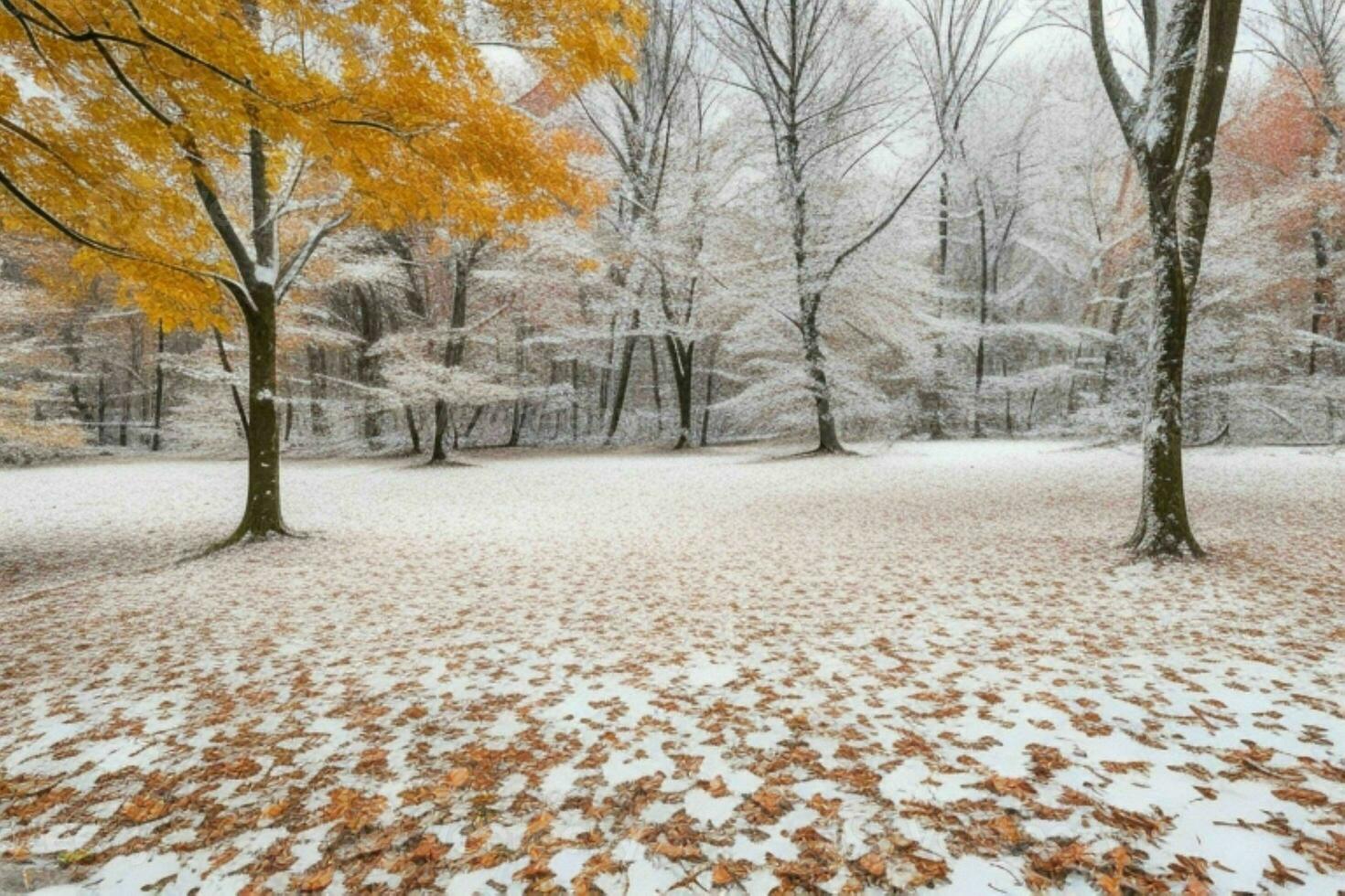 fallen leaves in snowy forest park. background. AI Generative Pro Photo