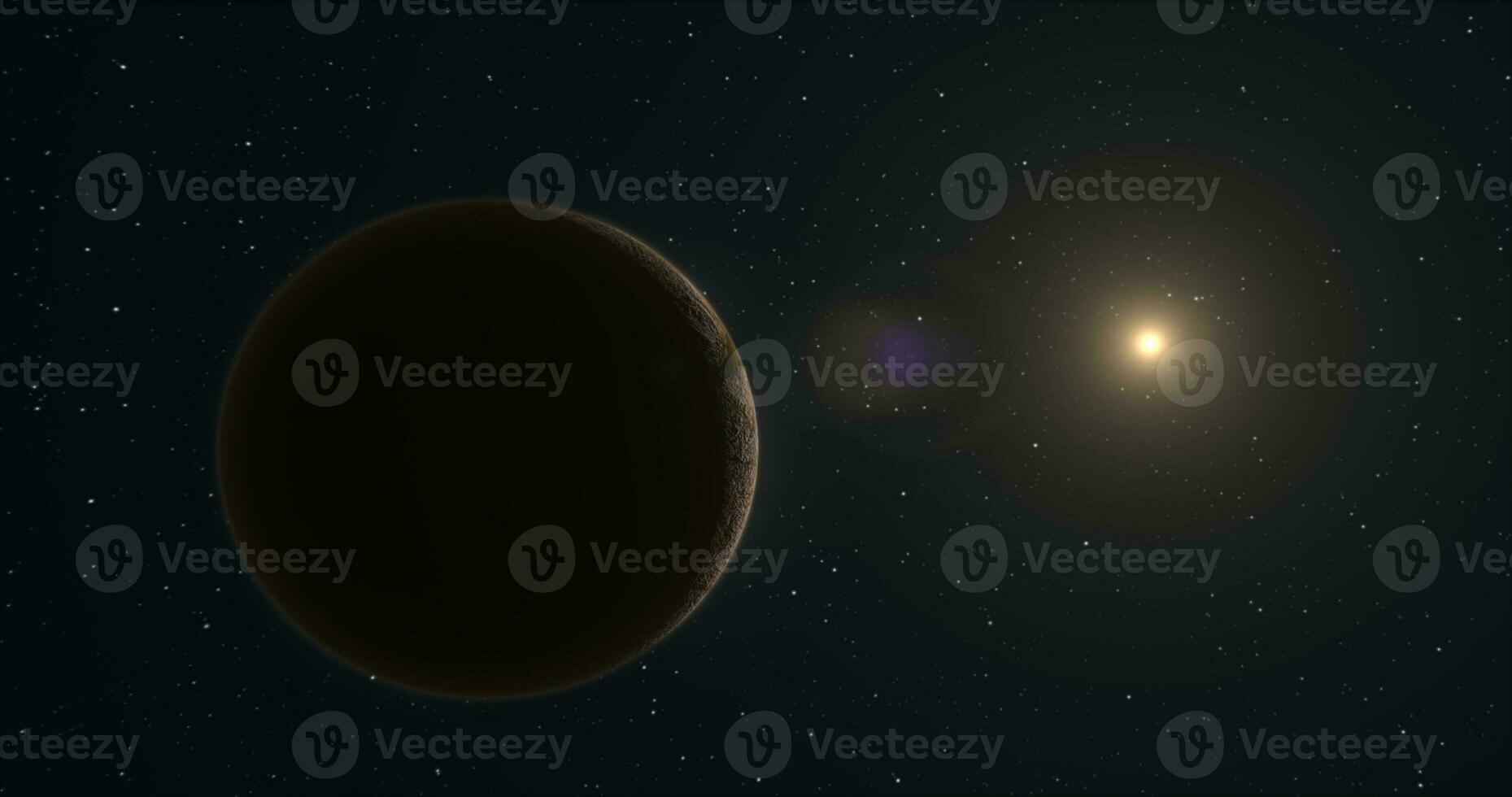 Abstract realistic space spinning planet round sphere with a relief stone surface in space against the background of stars and the sun photo