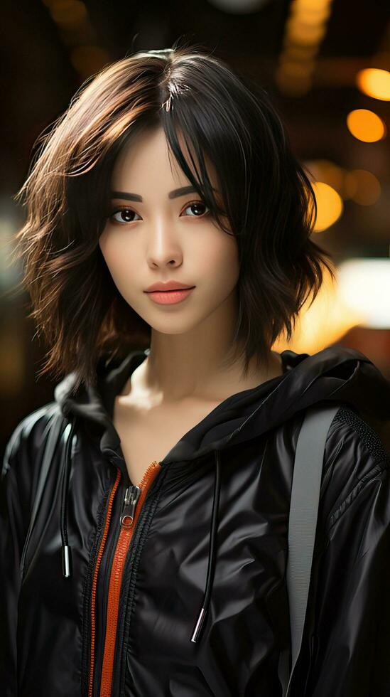 Beautiful asian teenager with short hair and black jacket. Generative AI photo