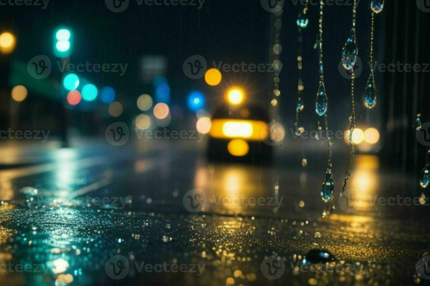 raindrops and streetlights at night. background. AI Generative Pro Photo