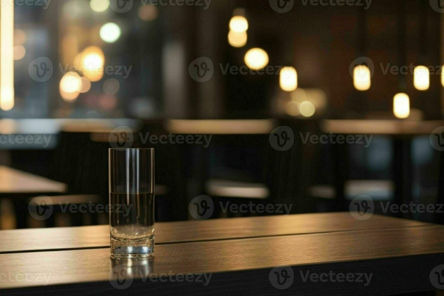 wooden table in front of a blurred background of restaurant lights. AI Generative Pro Photo