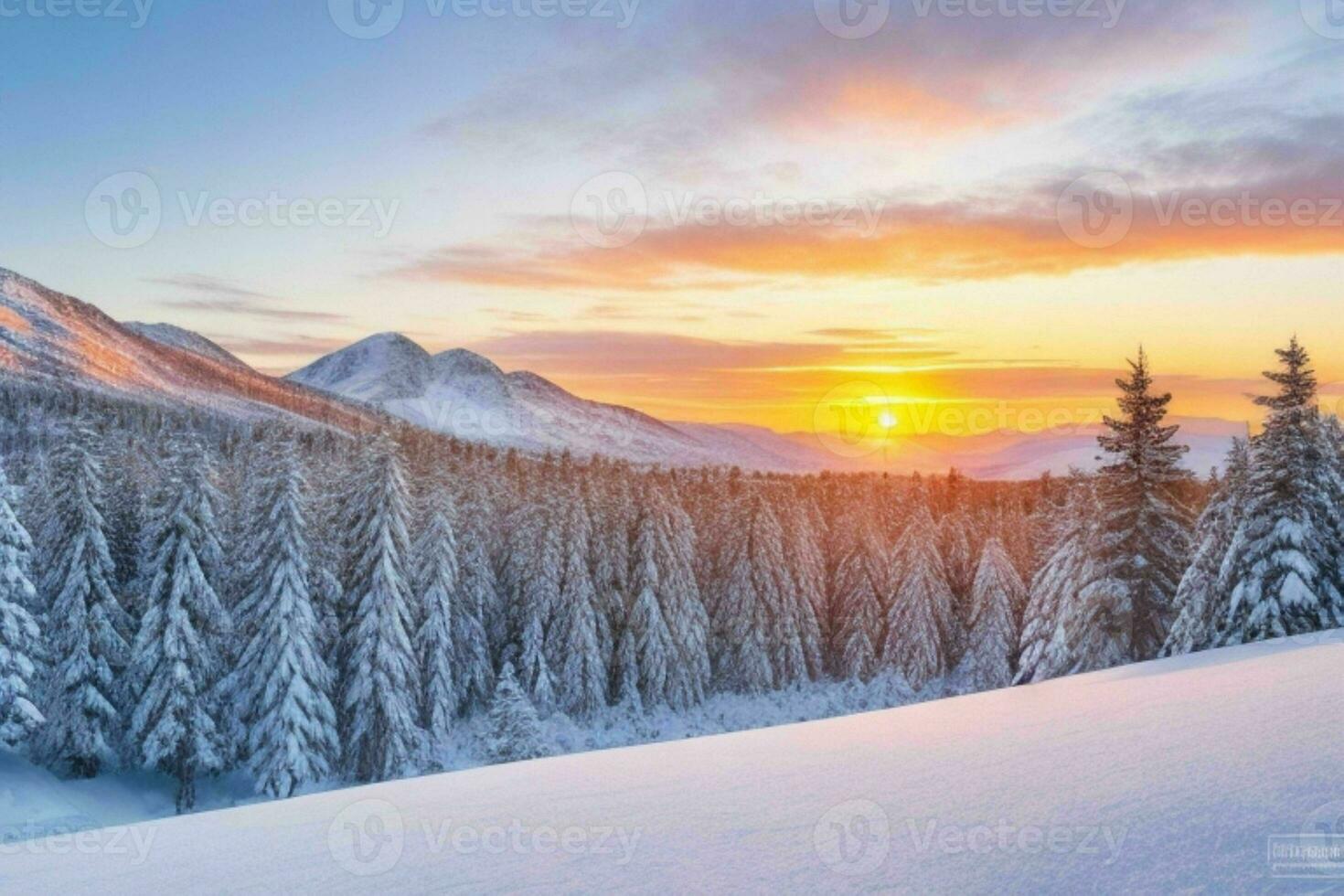 winter with fresh snow covered forests and mountains at sunrise. background. AI Generative Pro Photo