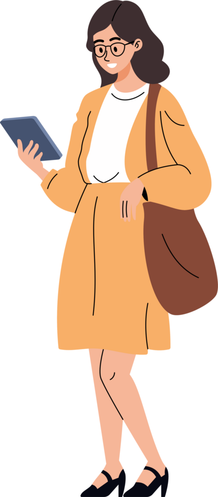 Woman is using a smartphone or tablet for working, communication, sending messages, chatting, browsing the internet, and using social networking. png