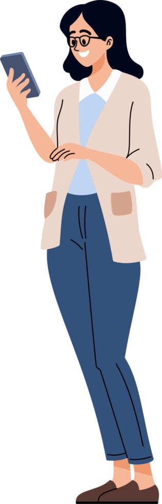 Woman is using a smartphone or tablet for working, communication, sending messages, chatting, browsing the internet, and using social networking. png