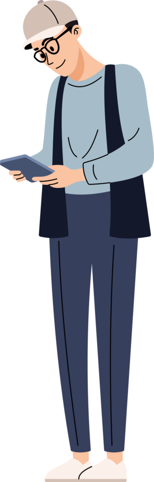 Man is using a smartphone or tablet for working, communication, sending messages, chatting, browsing the internet, and using social networking. png