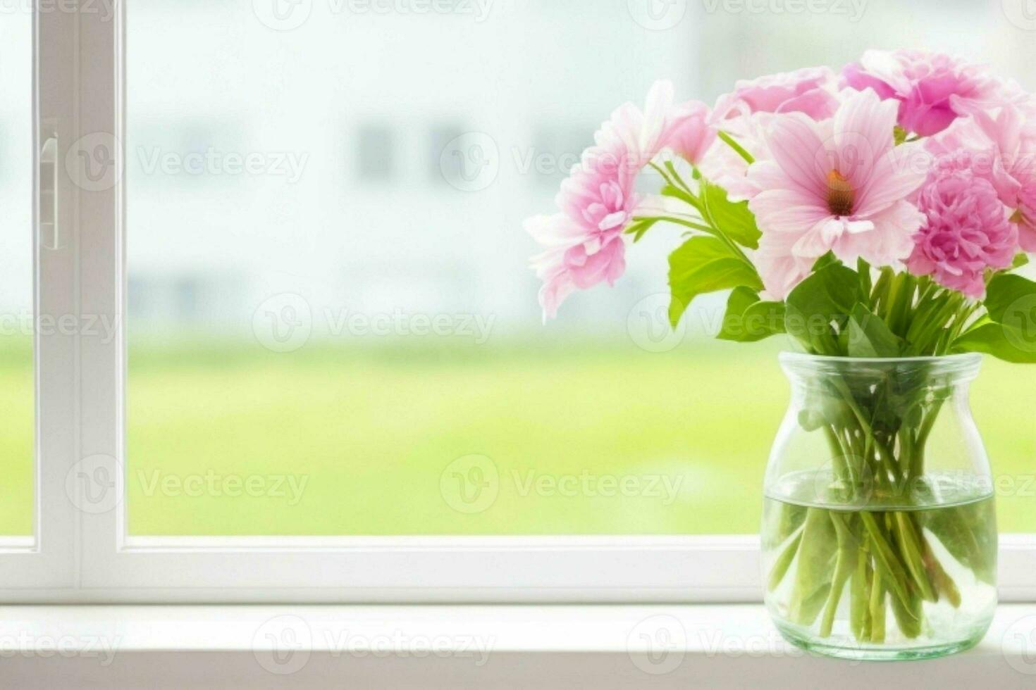 Window and flower on table blurred background. AI Generative Pro Photo