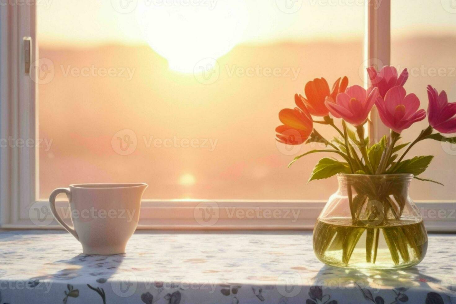 Window and flower on table blurred background. AI Generative Pro Photo