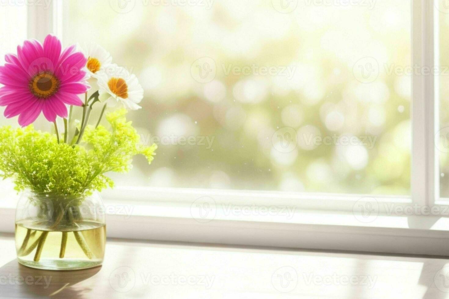 Window and flower on table blurred background. AI Generative Pro Photo