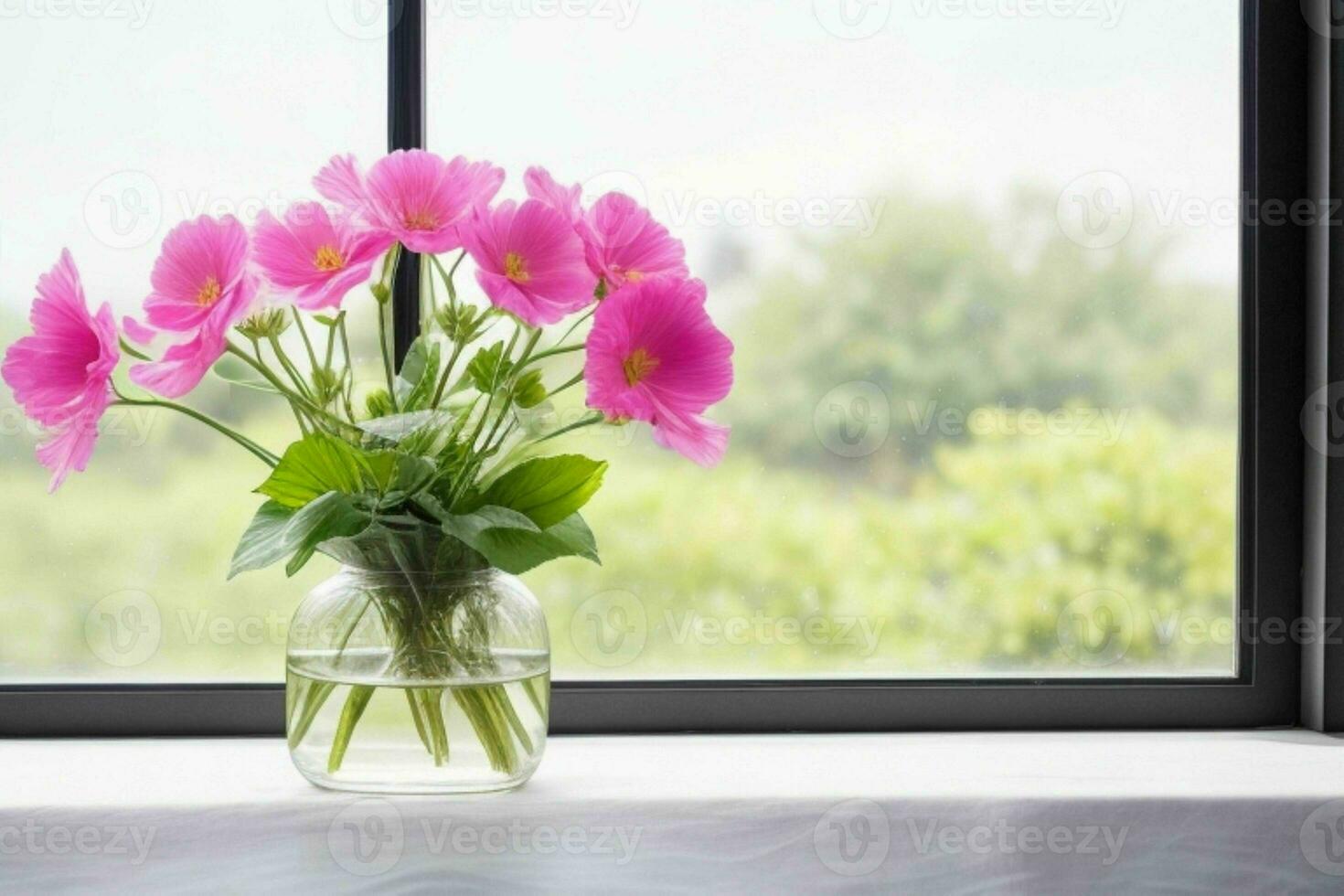 Window and flower on table blurred background. AI Generative Pro Photo