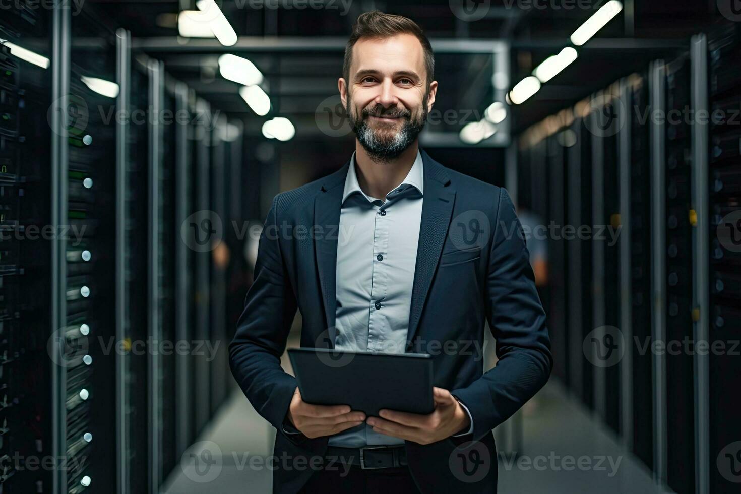 Handsome young businessman using digital tablet while standing in server room. Generative AI photo