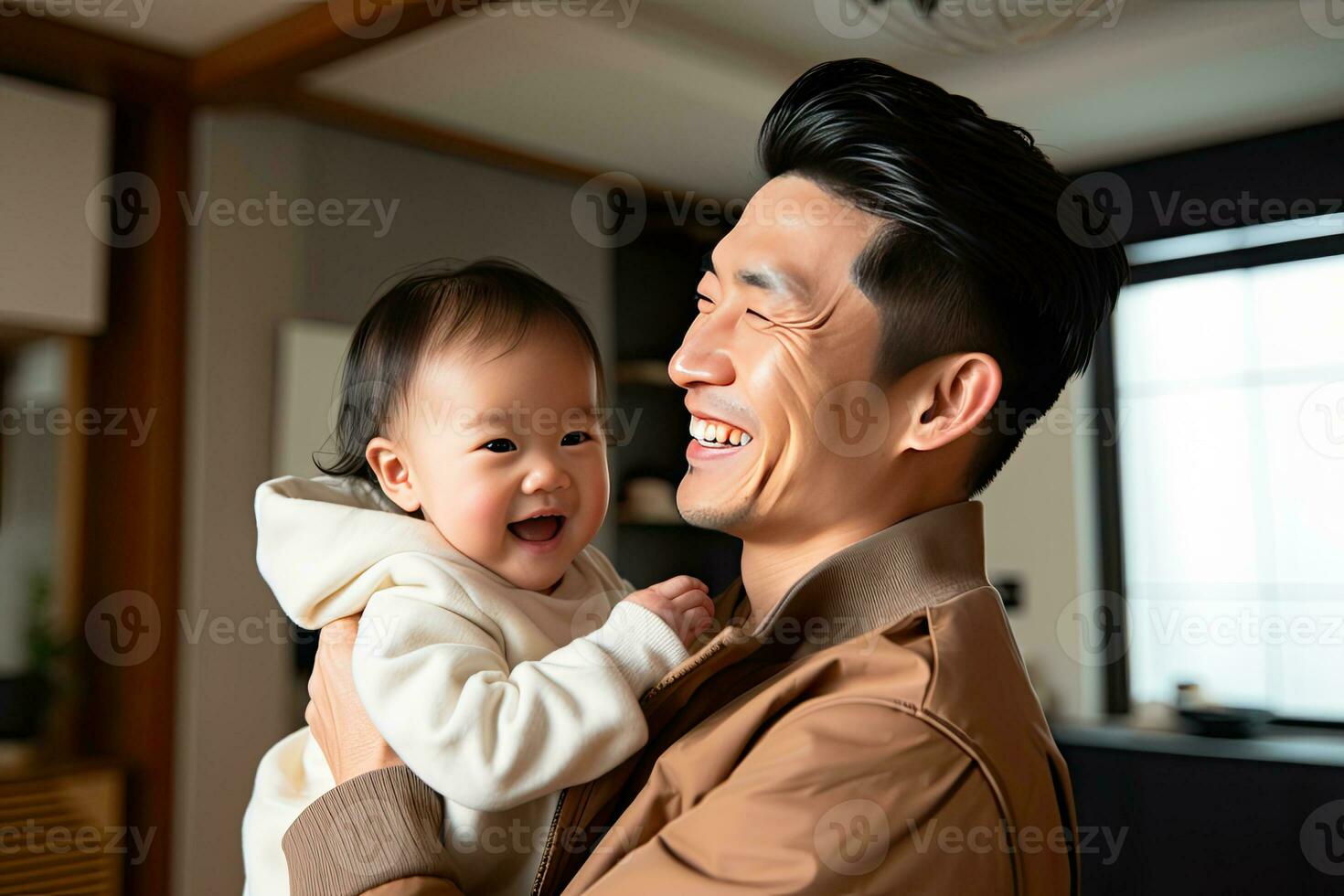 Smiling and happy father and daughter spending the weekend in a warm home. Generative AI photo