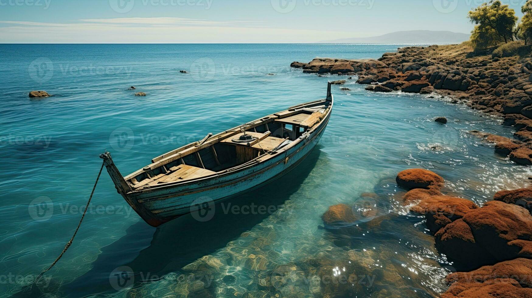 Aerial view of a wooden fishing boat in the sea, Greece. Generative AI photo