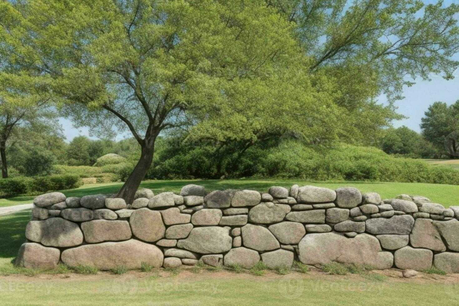 Stone rock wall with a tree background. AI Generative Pro Photo