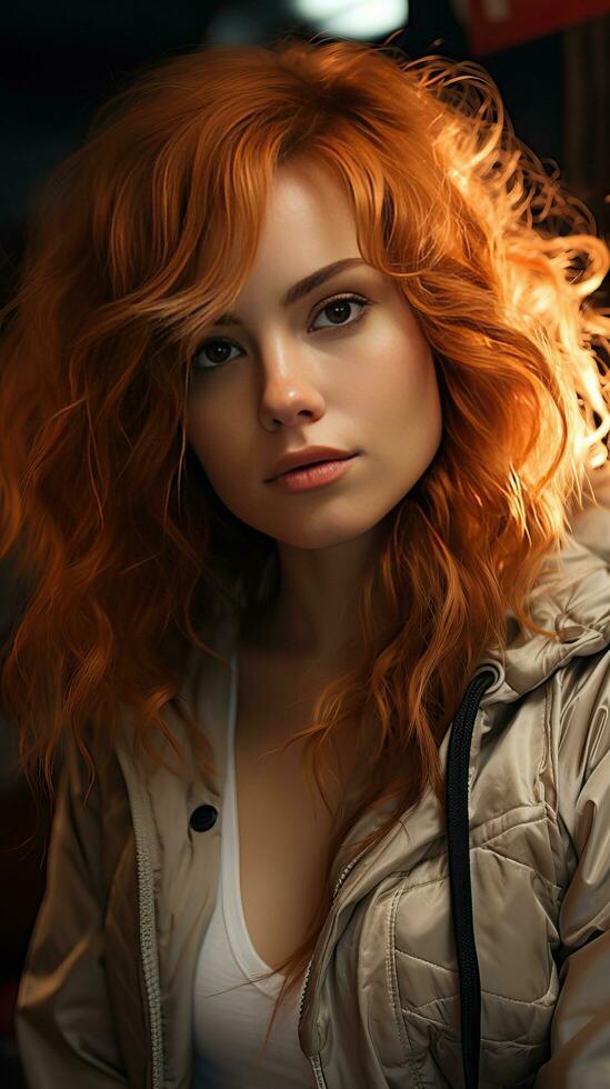 Beautiful red head woman wearing jacket. Generative AI photo