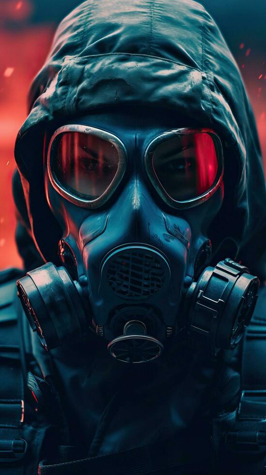 fantasía cyberpunk personaje vistiendo gas máscara con azul tema. generativo ai foto