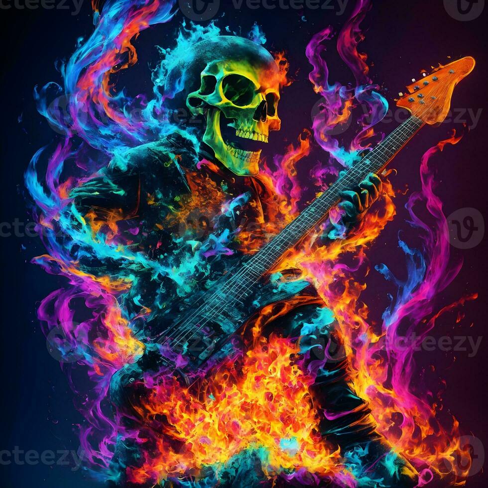 Skull playing electric guitar in fire flames on black background. Halloween concept. photo