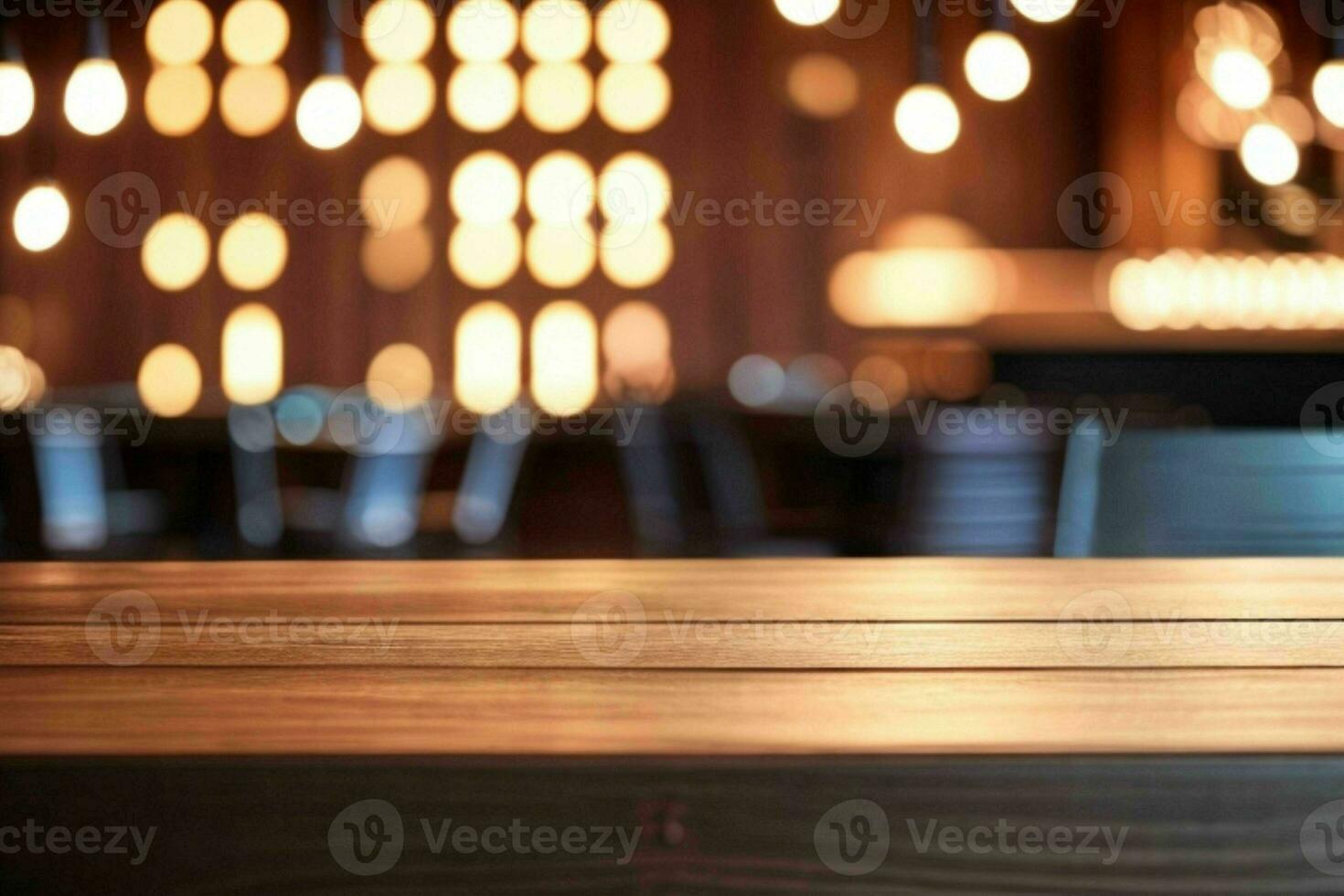 wooden table in front of a blurred background of restaurant lights. AI Generative Pro Photo
