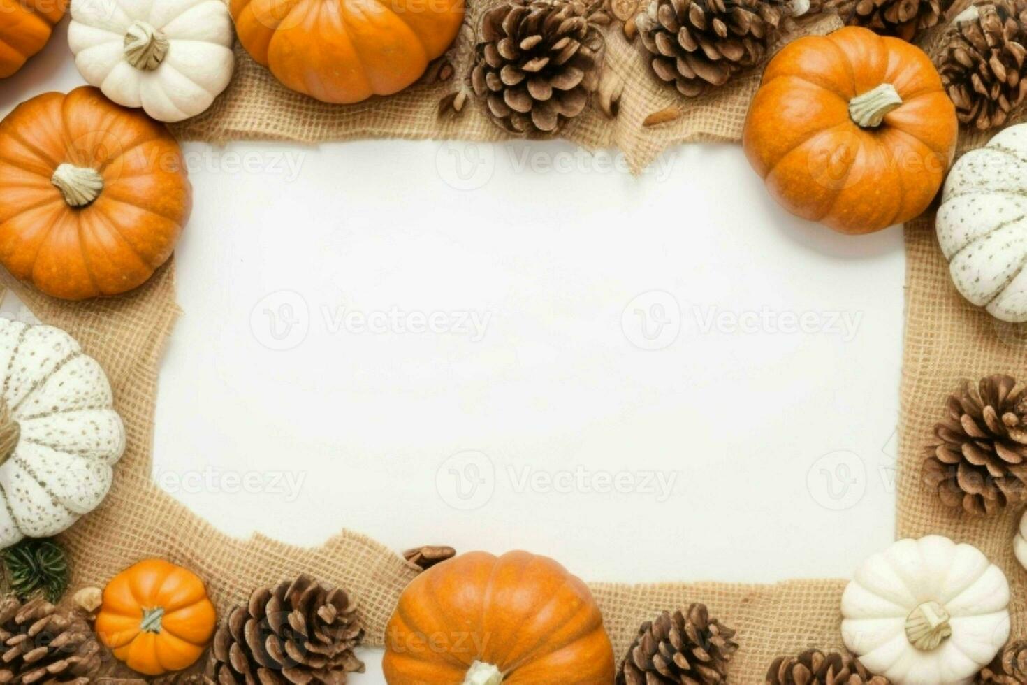 pumpkin, pine cones and dry leaves decoration. paperwhite blank card mockup background. AI Generative Pro Photo