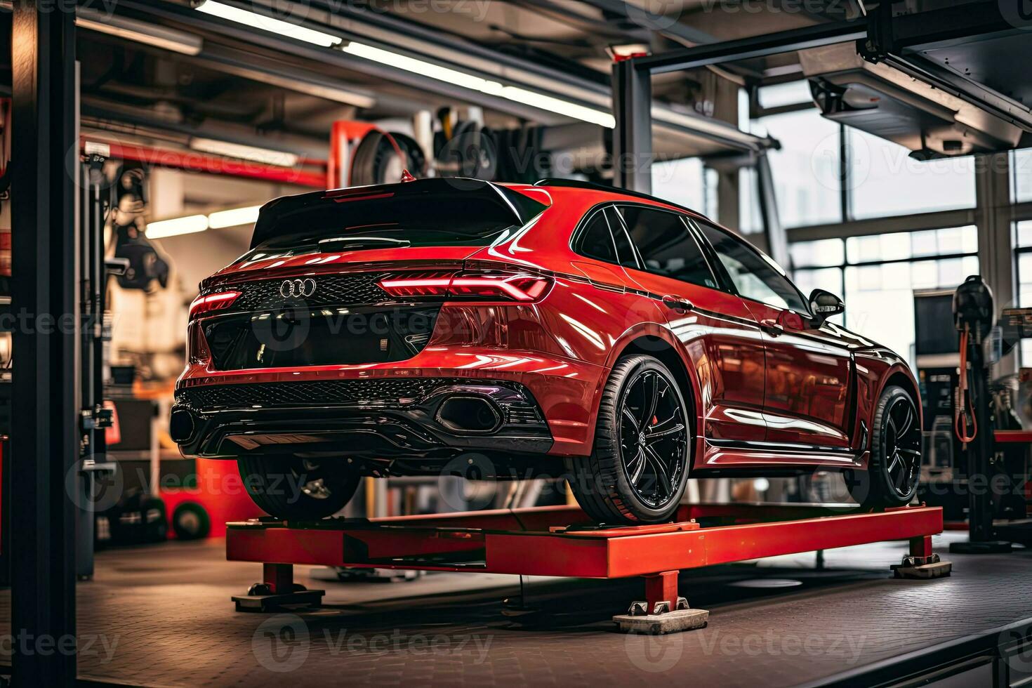 Modern car in the repair shop. Auto service industry. Automotive business. Generative AI photo