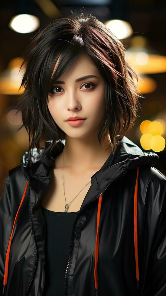 hermosa asiático adolescente con corto pelo y negro chaqueta. generativo ai foto