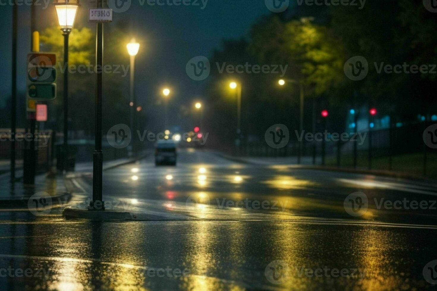 City street at rainy night road and streetlights at night background. AI Generative Pro Photo