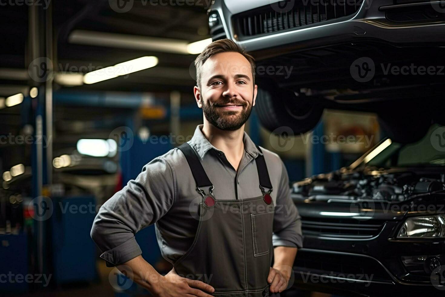 Car mechanic working in auto repair shop. Handsome young man in uniform working with car engine. Generative AI photo