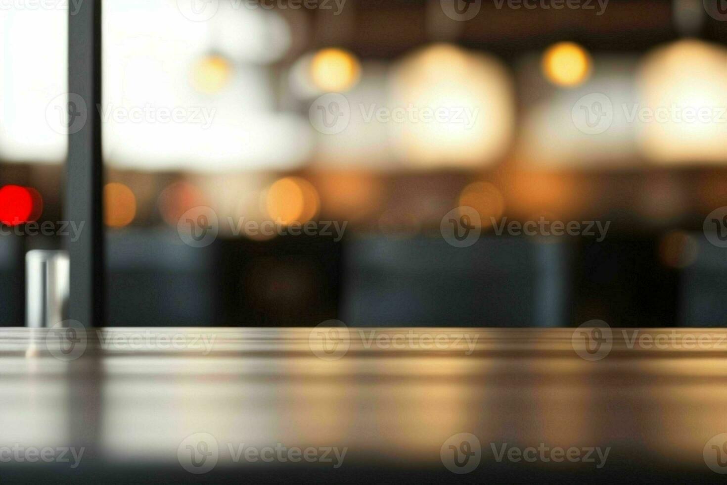 wooden table in front of a blurred background of restaurant lights. AI Generative Pro Photo