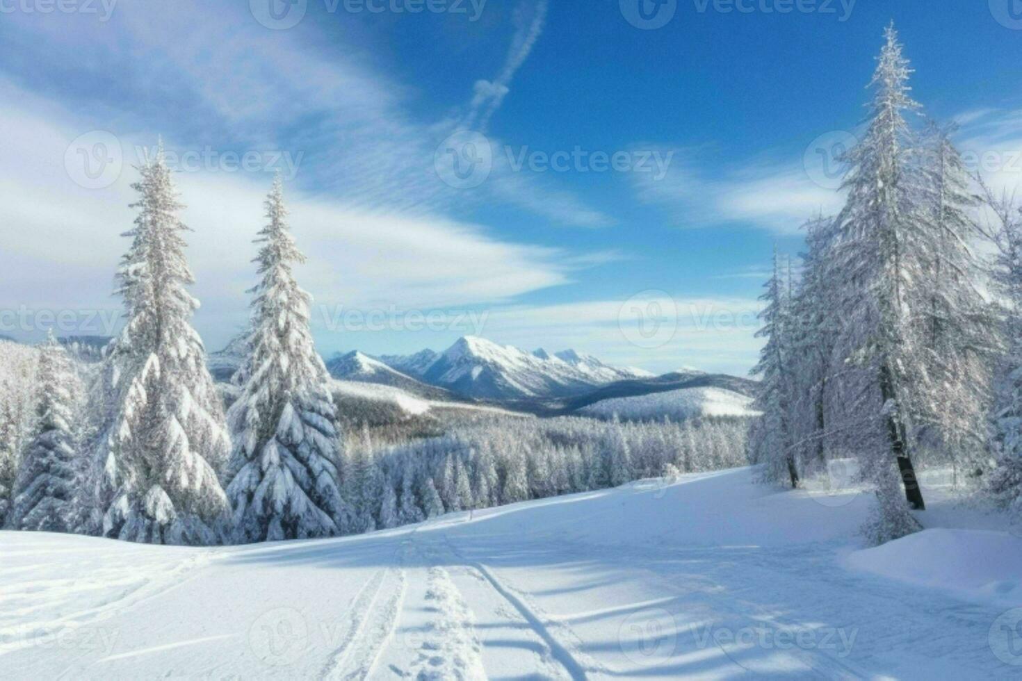 winter with fresh snow covered forests and mountains. background. AI Generative Pro Photo