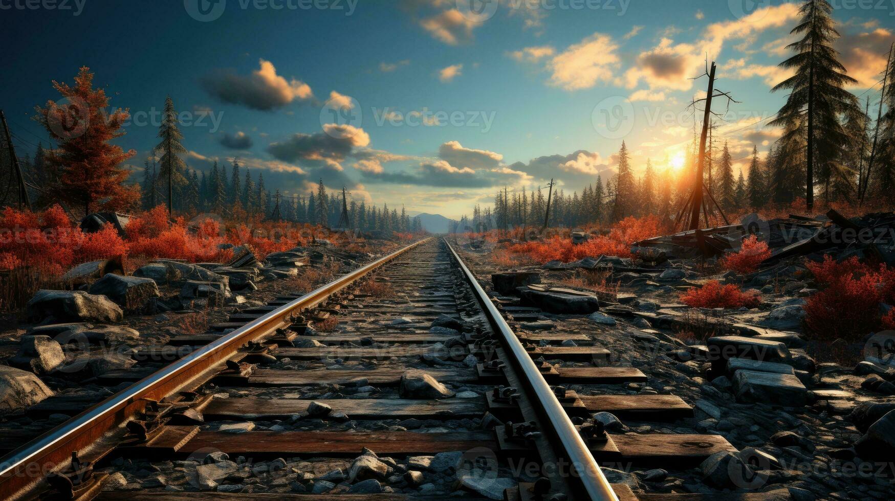 A railway with rails and sleepers goes into the distance beyond the horizon, the concept of railway transport and the transportation of passengers and goods photo