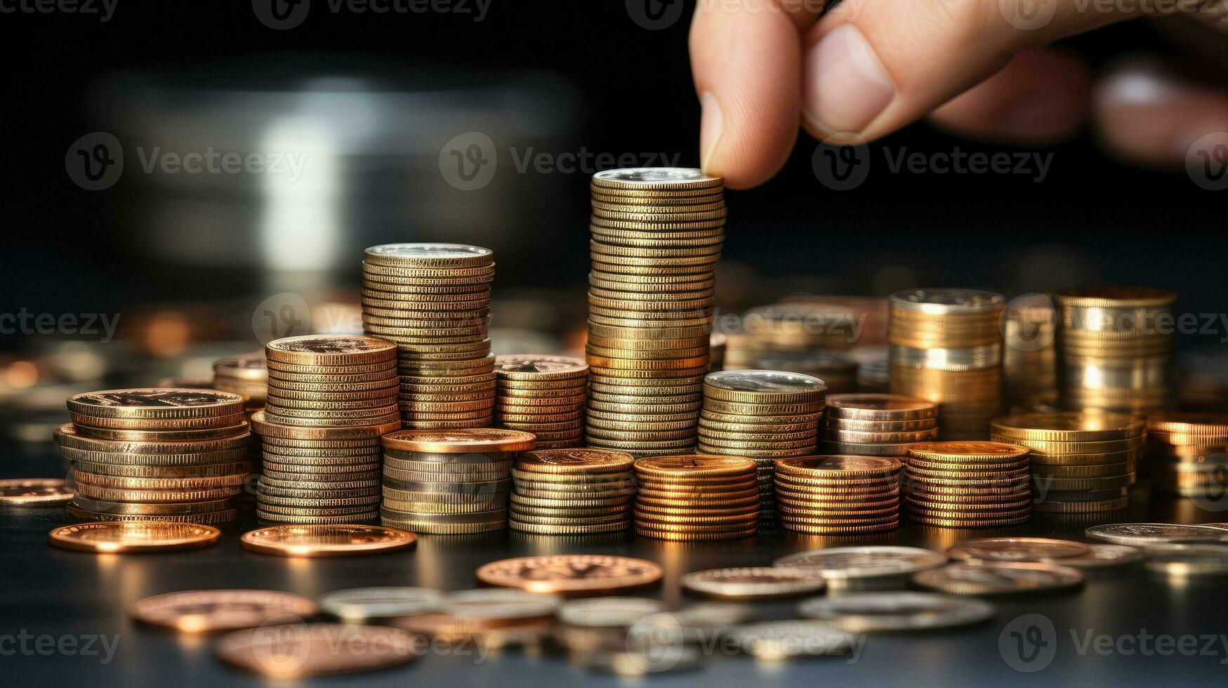 Stacks of money gold valuable coins, concept finance and credit wealth financial literacy banking photo