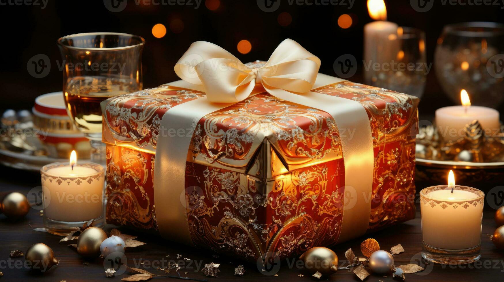 Christmas winter new year festive beautiful gift box and burning candles photo