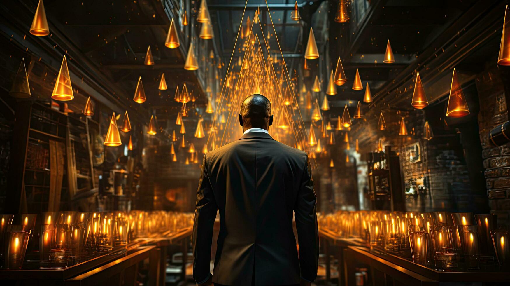 A man in an expensive classic black suit walks through an aisle with many abstract candles, view from the back, business and career success concept photo