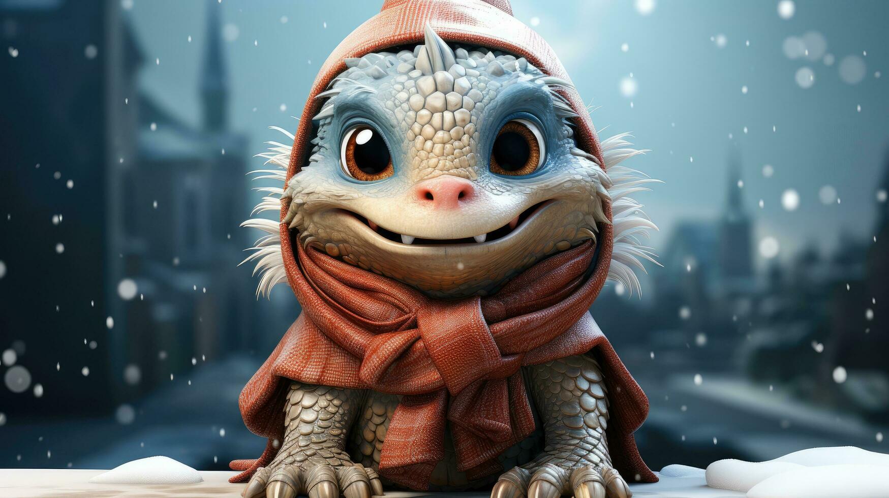 Cute dragon in a jacket and hood in snowy winter for Christmas and New Year holiday photo