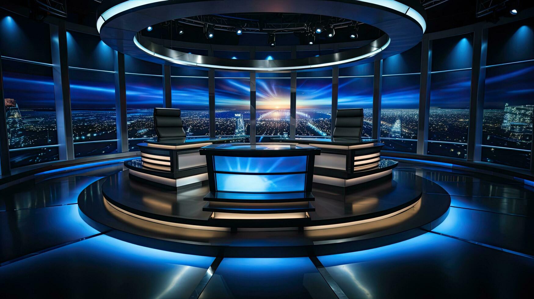 Modern television studio for world breaking news with equipment for leading reporters and announcers photo