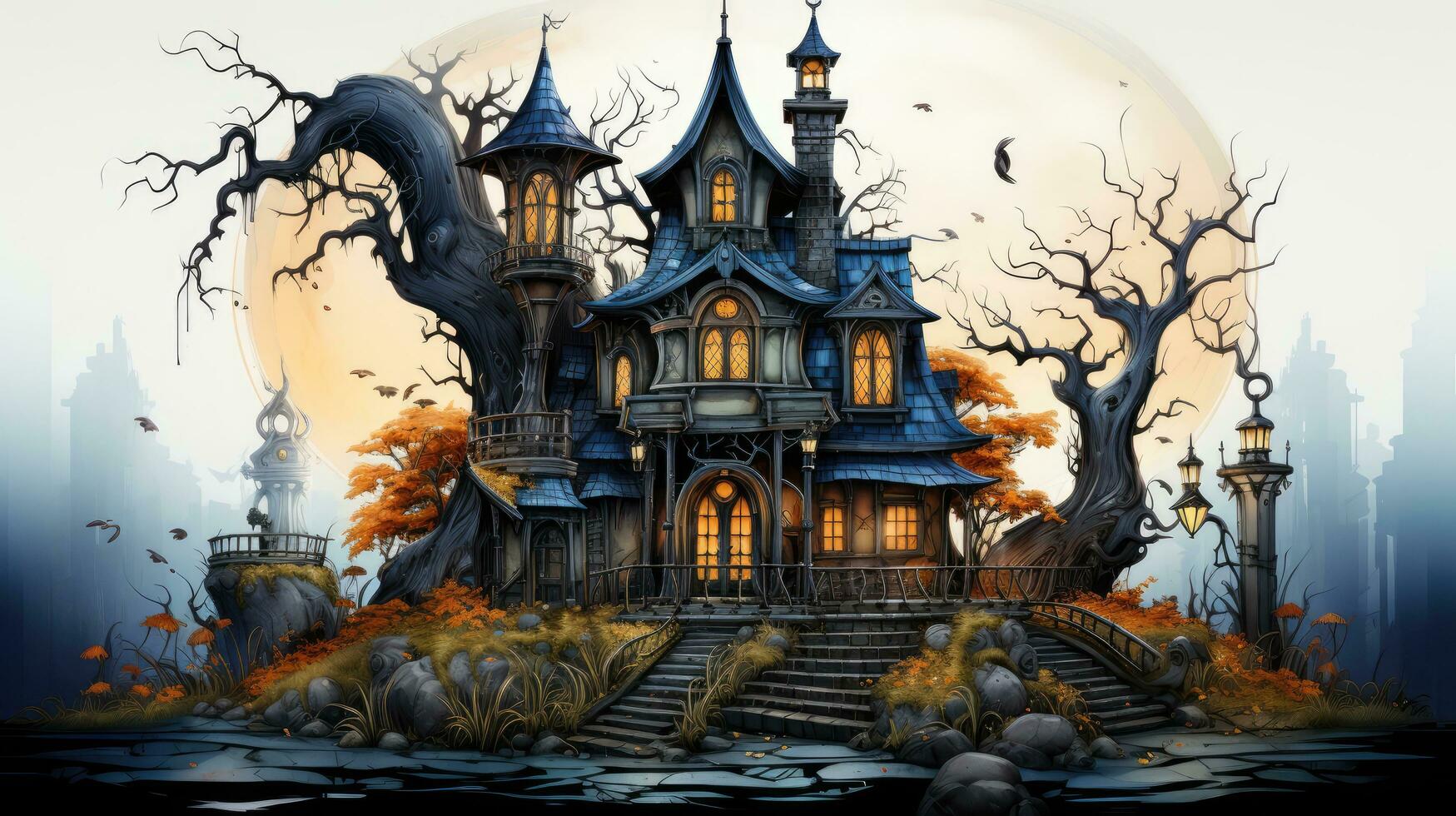 Creepy scary big house mansion castle on a white background, illustration for the holiday Halloween photo