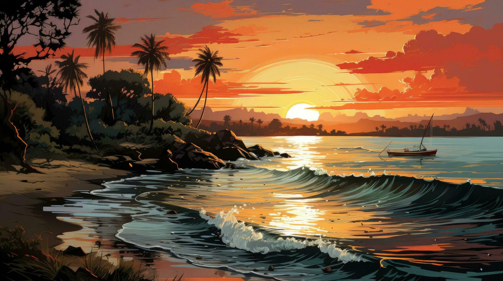 Beautiful red sunset on the beach at sea with palm trees and sun, concept for vacation and vacation in tropical warm countries photo