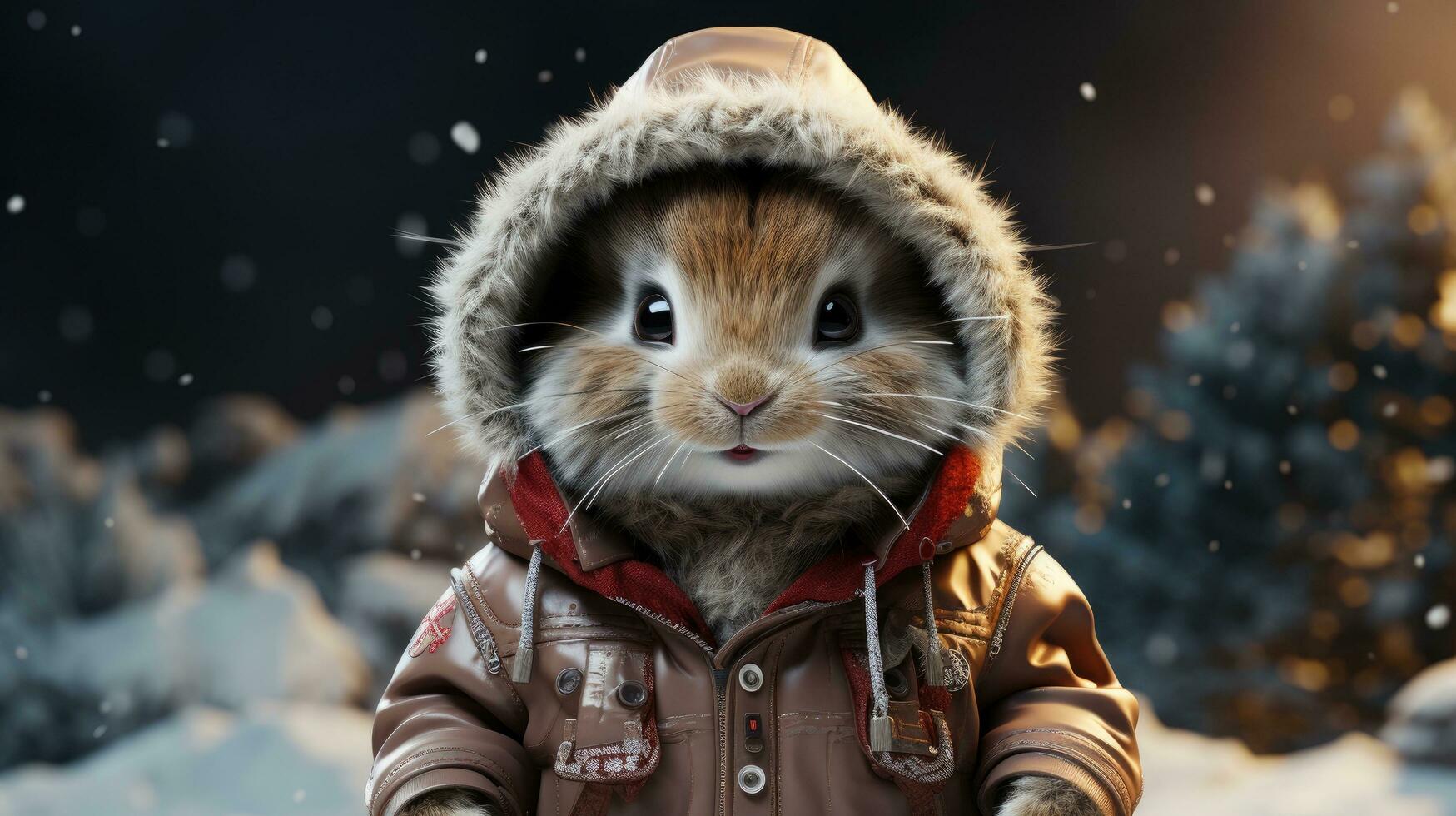 Cute rabbit in a jacket and hood in the snowy winter for the Christmas and New Year holiday photo