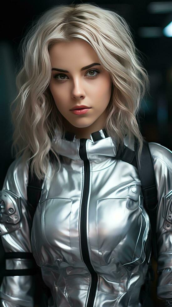 Beautiful young girl wearing grey space suit. Generative AI photo