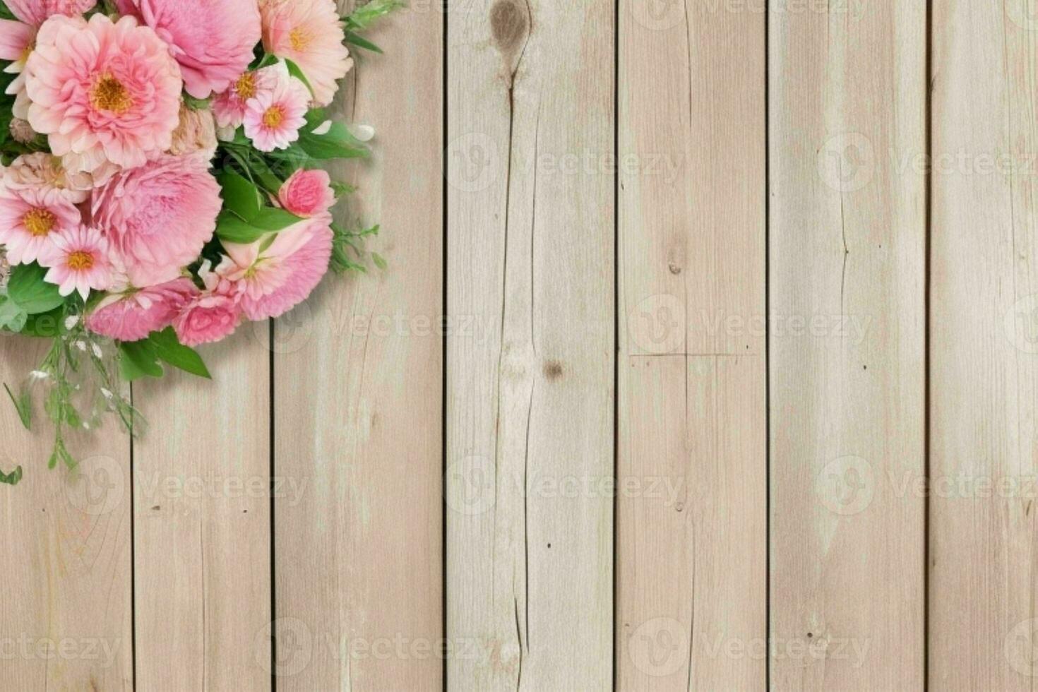 Wooden wall background with flowers natural scene. AI Generative Pro Photo