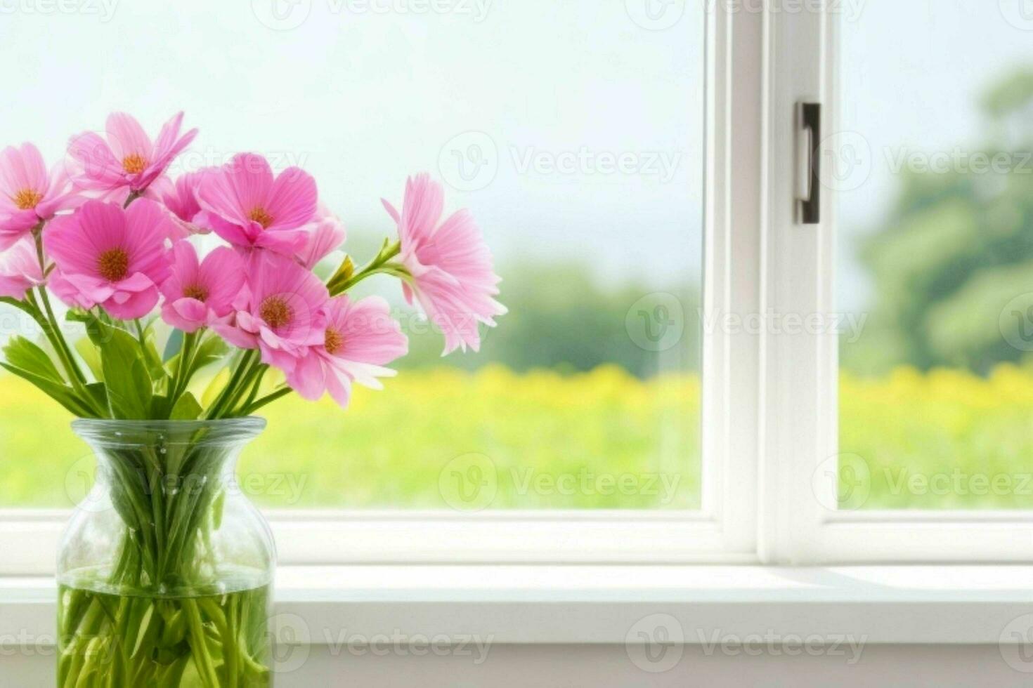 Window and flower on table blurred background. AI Generative Pro Photo