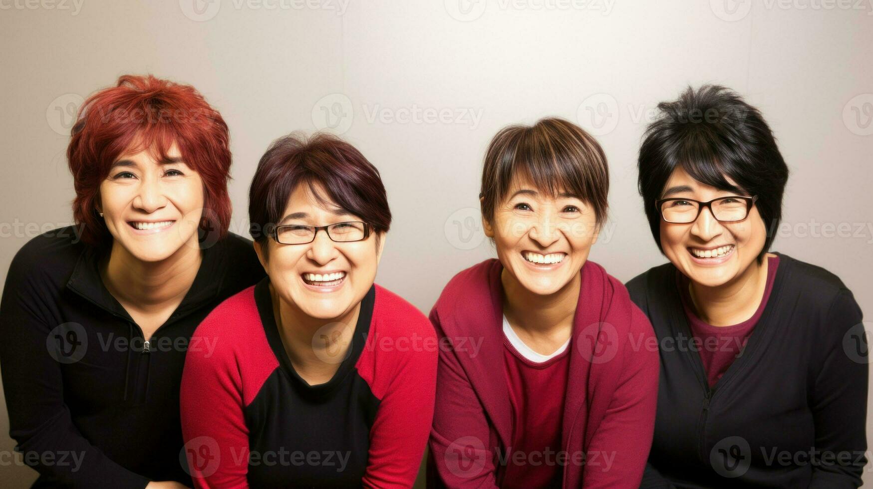 Four Asian middle-aged women pose together laughing. Generative AI photo