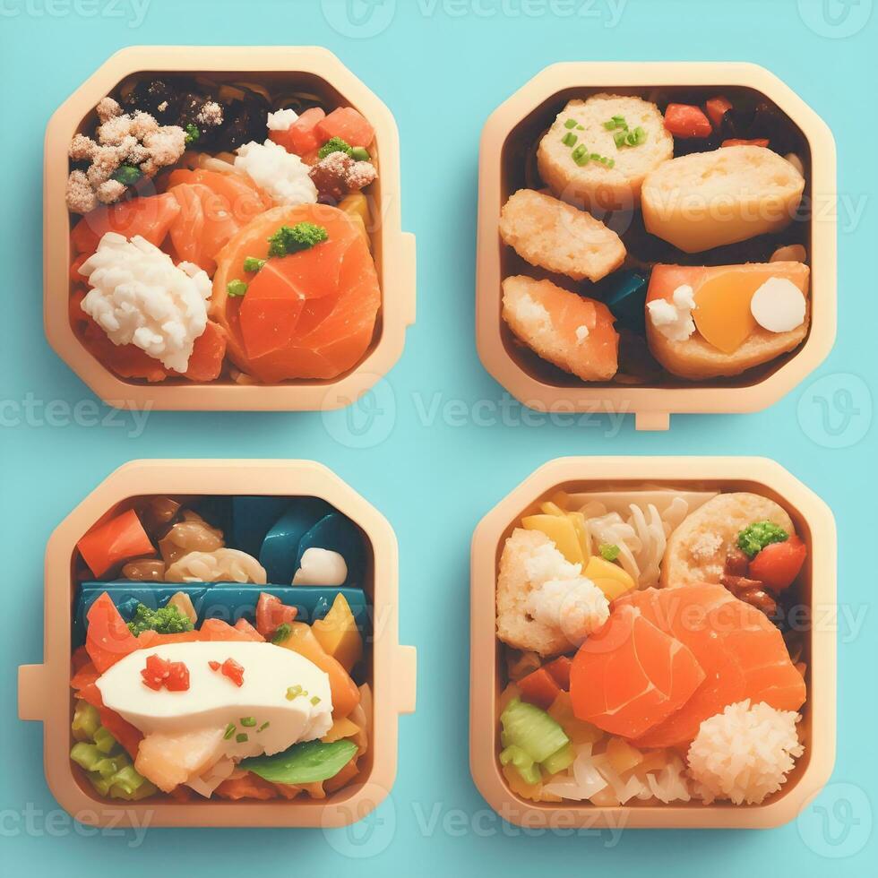 Bento or Japanese lunch box, Healthy food delivery concept. Take away take away take away boxes with vegetables and meat. photo