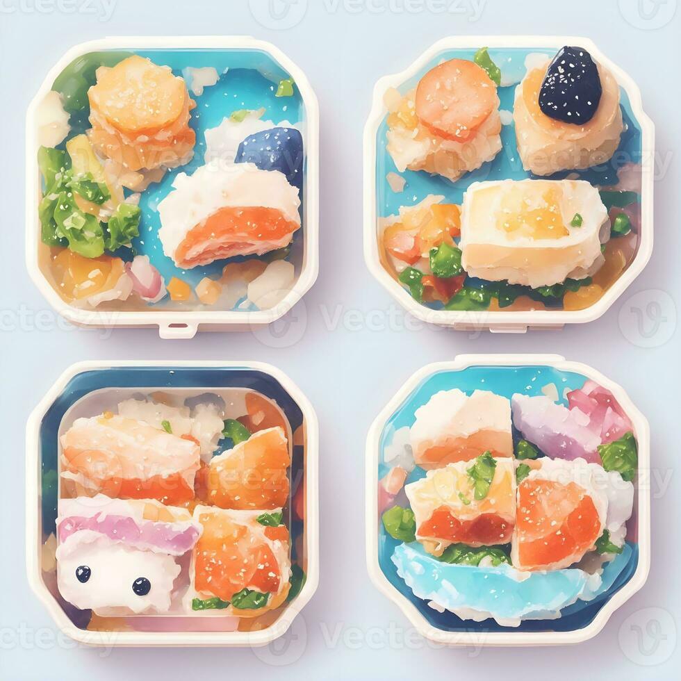 bento o japonés almuerzo caja, sano comida entrega concepto. tomar lejos tomar lejos tomar lejos cajas con vegetales y carne. foto