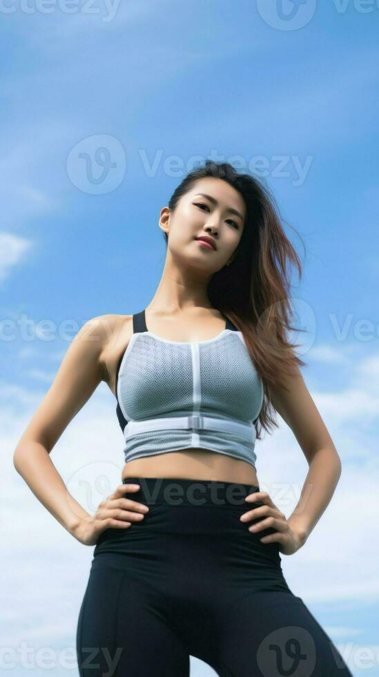 Young asian beautiful sporty woman in shorts young asian beauty bottom shot photo. Generative AI photo